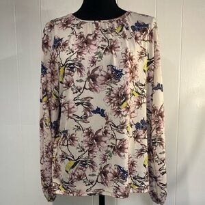 H&M Floral Bird Butterfly Blouse | Long Sleeve Tie Back | Cream Boho Top Small